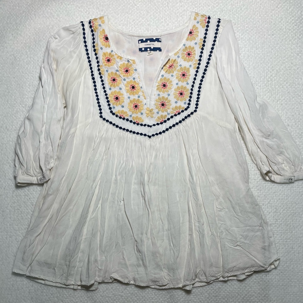 Women’s Boho Hippie Indie Pleaded Floral Embroidered Ivory Blouse 3/4 Sleeve